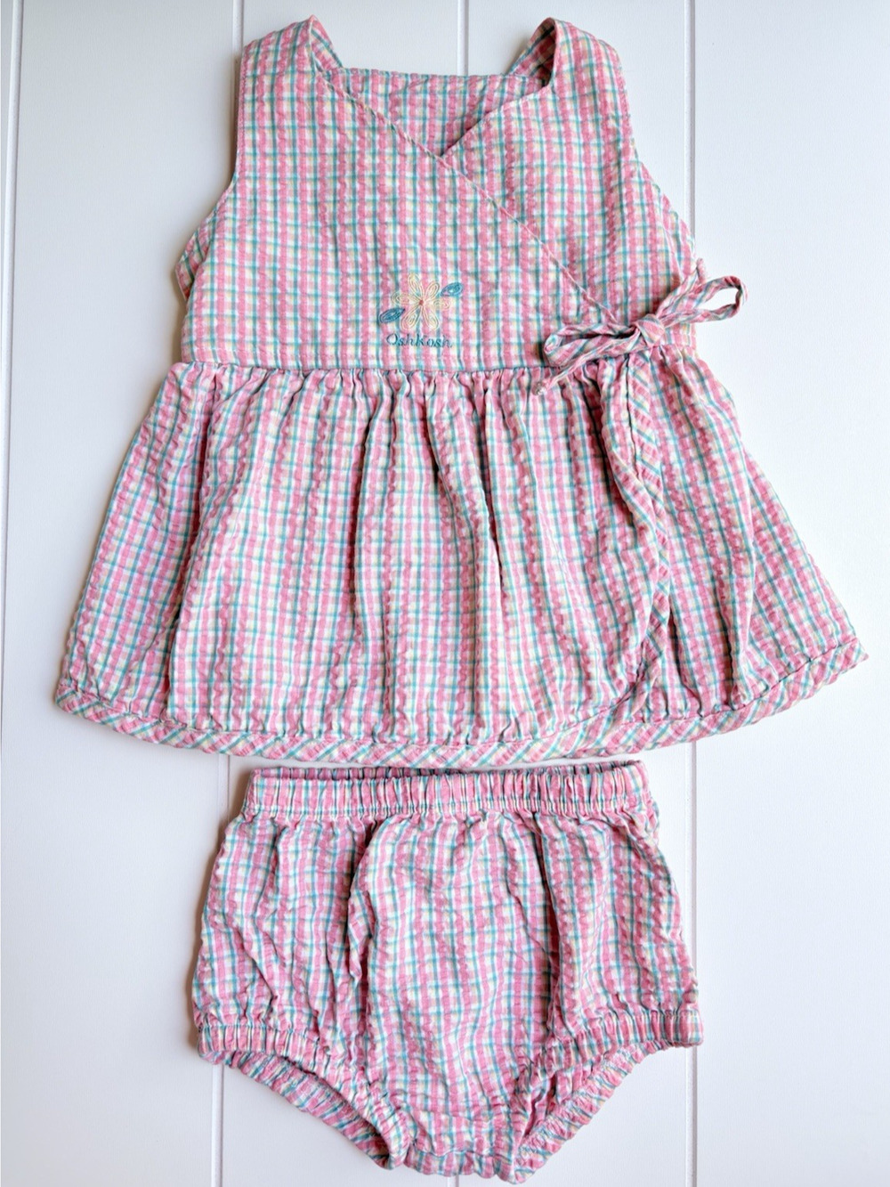 OshKosh B'Gosh 3-6 Months Seersucker Plaid Dress Top‎ Bloomer Set Flower Pink